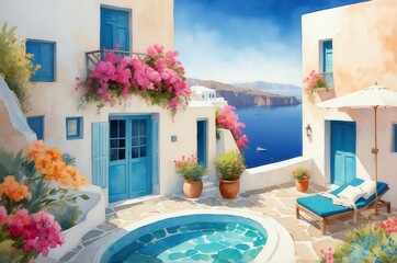 Fototapeta premium Mediterranean luxury beach hotel landscape painting illustration, travel theme concept texture design. 