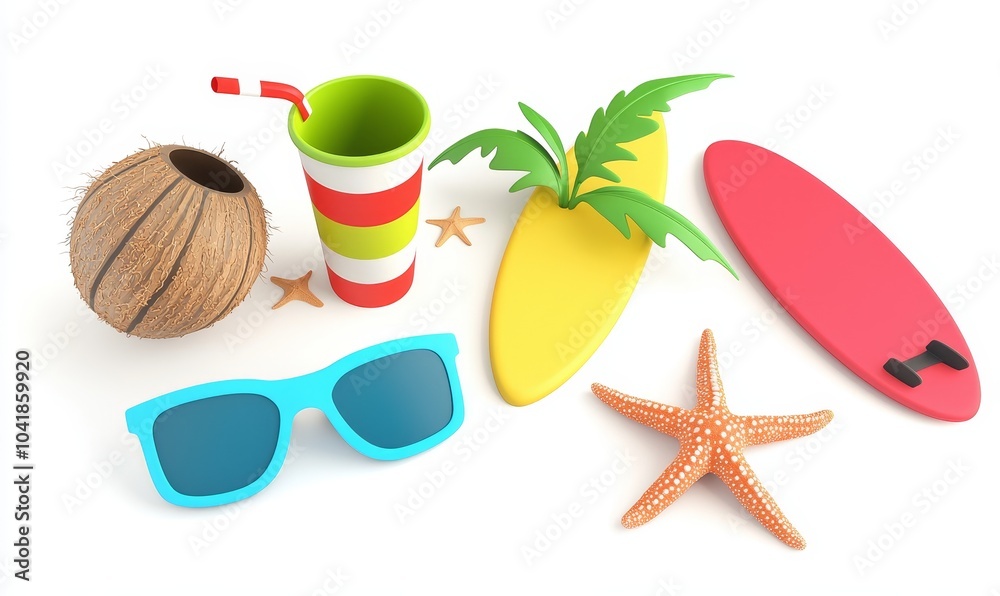 Fototapete this is a 3d render of summer vacation with beach and sea icons elements objects group, holidays bac