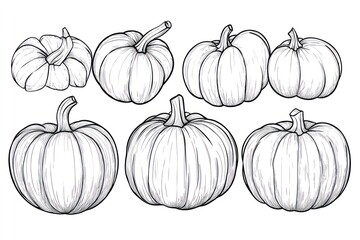 coloring page for pumpkin set, simple lines drawings, no lines inside of the drawing, white background, simple, no color, flat vector