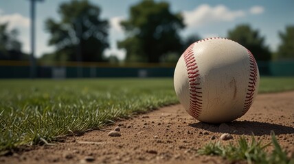 Close-up of a worn baseball on a baseball field with green grass and a blurred background.