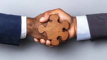 Hands shaking with a wooden puzzle piece symbolizing partnership and collaboration.