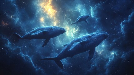 Fototapeta premium Whales Gliding Through a Starry Cosmic Sky