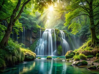 Obraz premium Enchanted Waterfall in Lush Forest with Bokeh Effect for Tranquility and Natural Beauty
