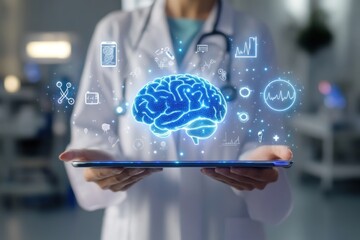 Medical technician using tablet with brain hologram.