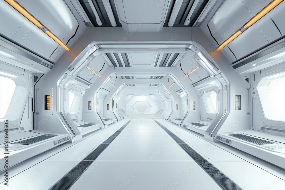 Poster Abstract white hi-tech display background, empty space scene, spaceship, dark night, VR, futuristic sci-fi tunnel background, studio for mock up using generative AI.