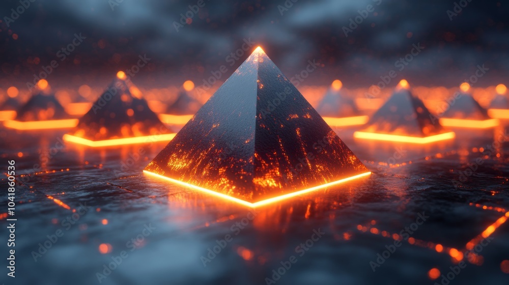 Poster glowing pyramids emerge from a misty landscape, surrounded by a dark atmosphere. vibrant orange ligh