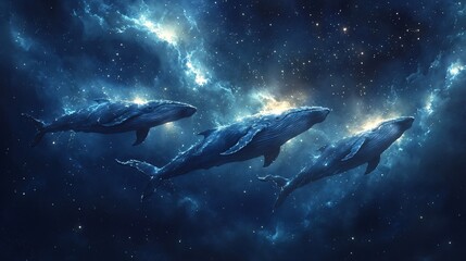 Fototapeta premium Whales Swimming in Cosmic Watercolor Illustration