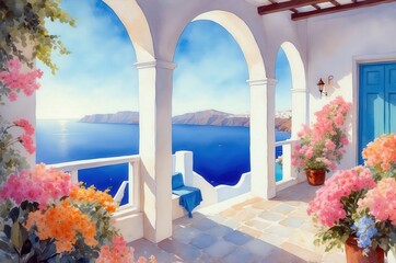 Mediterranean luxury beach hotel landscape painting illustration, travel theme concept texture design.
