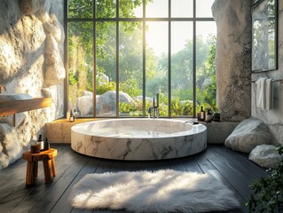 A large bathtub with a marble floor and a rug in front of it. The bathtub is surrounded by a rock wall