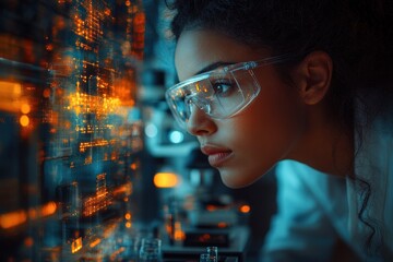 Scientist analyzing futuristic digital interface closely.