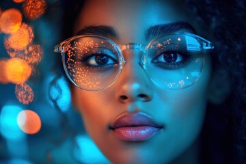 Woman with futuristic glasses in neon-lit setting