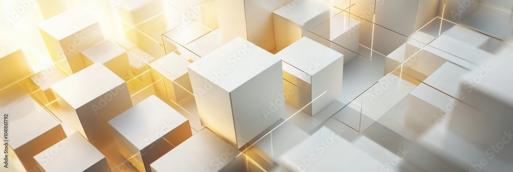 Poster Multiple cubes of different sizes and shades are interconnected by diagonal lines, forming a captivating abstract composition on a light backdrop. Generative AI