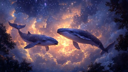 Fototapeta premium Whales Floating in a Starry Sky at Night