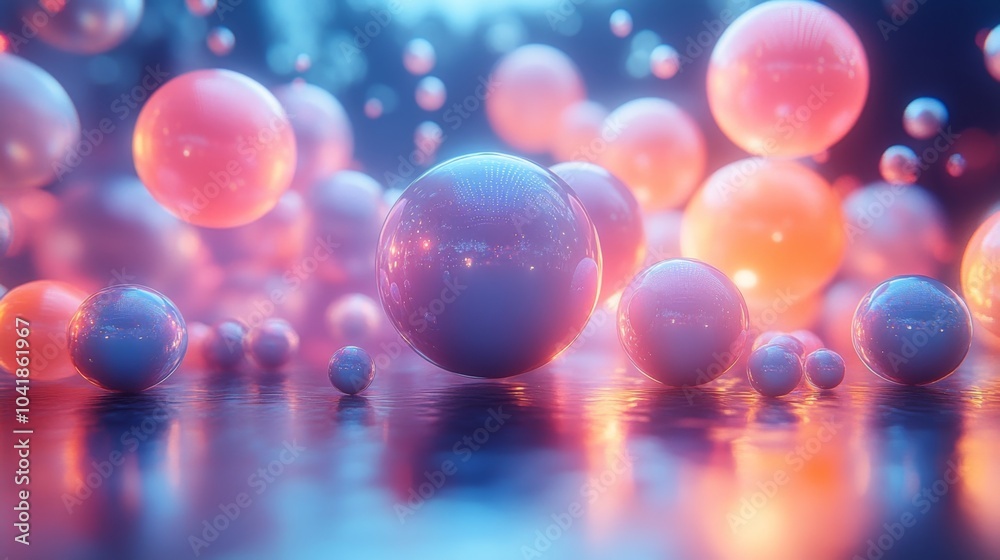 Aufkleber Bright, luminescent spheres in various sizes float above a glossy surface, casting colorful reflections in a tranquil, abstract atmosphere at dusk.
