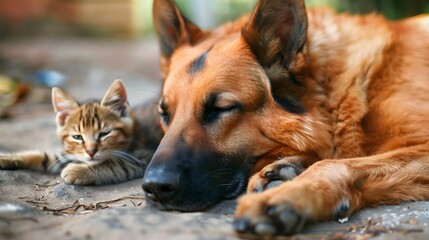 Gentle german shepherd lying beside tiny kitten shows unlikely love - loyal dog and curious cat create pet animal bonds while puppy and sleepy friend share quiet moments