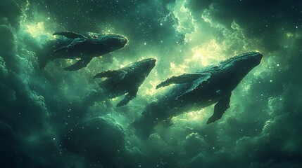 Obraz premium Ethereal Whales Gliding Through a Starry Night Sky