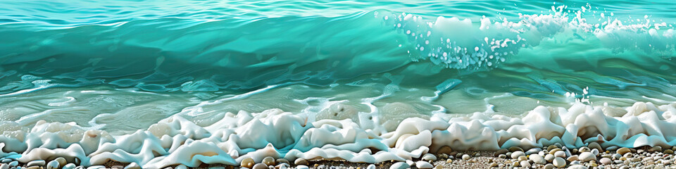 Fototapeta premium A serene turquoise ocean waves gently lapping against the shore, mirroring the movement of tiny white pebbles cascading down the rocks onto the foreground.