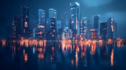Fototapeta premium Futuristic cityscape reflected in water at night a stunning visual of urban life and technology