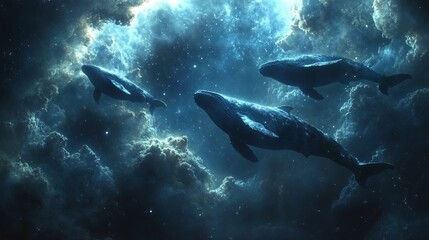 Whales Gliding Through a Starry Night Sky