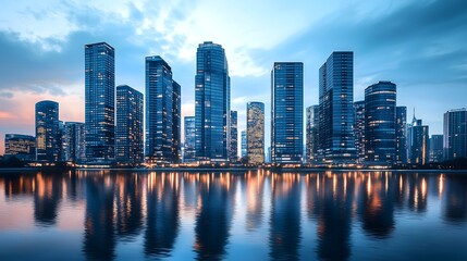 Fototapeta premium Stunning cityscape reflected in water during twilight a beautiful view of urban architecture