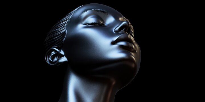 Chic Black Metallic Head Sculpture in Serene Pose - Powered by Adobe