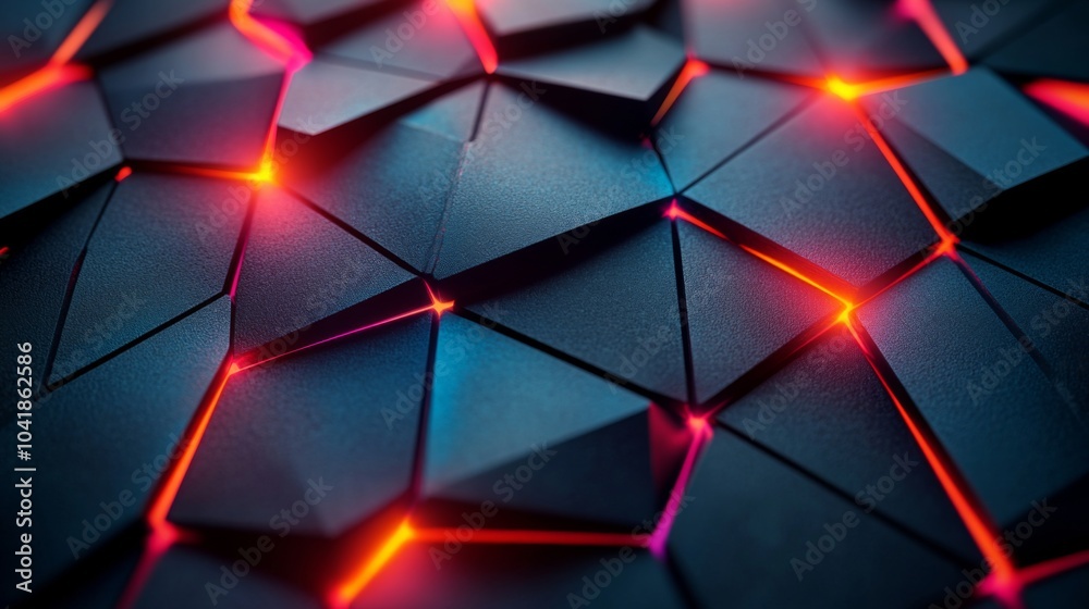Poster A series of interlocking geometric shapes on a dark background are highlighted with glowing red and blue lights, giving a modern, high-tech feel to the design.