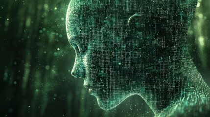 Green digital profile with binary code, cyber theme.