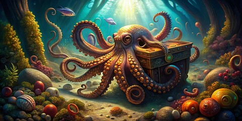 Obraz premium Enigmatic Octopus Guarding a Treasure Chest in a Vibrant Ocean Scene - Urban Exploration Art