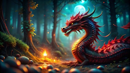 Obraz premium Enigmatic Red Dragon in the Dark - Captivating Tilt-Shift Fantasy Photography