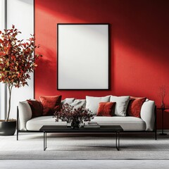 A living room with a white framed picture on the wall. The picture is empty. The couch is white and red. There is a coffee table in the room. A potted plant is on the table