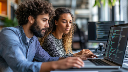 Focused software developers collaborating on project using laptops in modern office environment