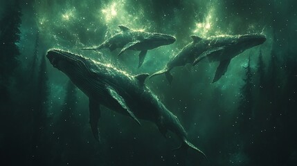 Fototapeta premium Whales Swimming Peacefully in a Starry Night Sky