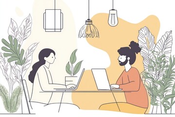 continuous single line drawing of man and woman working on laptop computer, line art vector illustration 