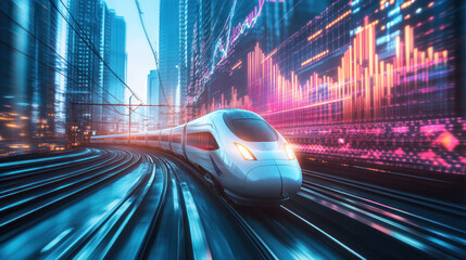 Fototapeta premium Modern train racing through a vibrant urban cityscape