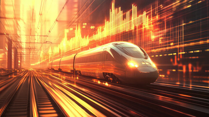 Fototapeta premium Dynamic train speeding amidst glowing digital graphics