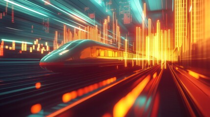 Fototapeta premium High-speed train travels through abstract urban scene
