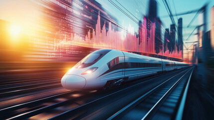 Sleek train blurring through cityscape at sunrise