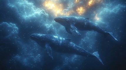 Fototapeta premium Whales Swimming Through a Starlit Sky