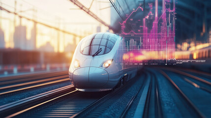 High-speed train with futuristic graph overlay image