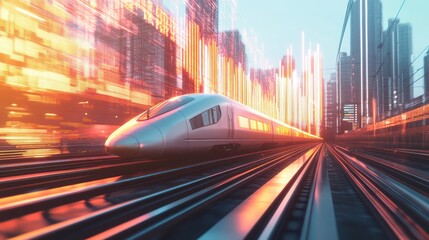 Fototapeta premium Silver train in bustling digital cityscape artwork