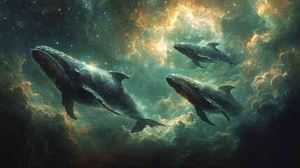 Fototapeta premium Whales Swimming Through a Starry Sky