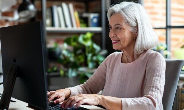 Tech-Savvy and Driven: Senior Grey-Haired Woman Working Swiftly at Her Desk Indoors