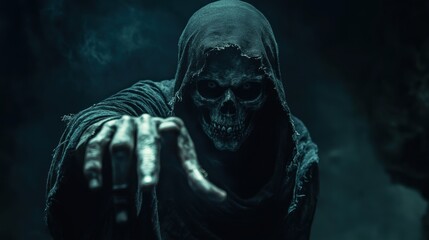 Grim reaper with scythe. Halloween theme poster.