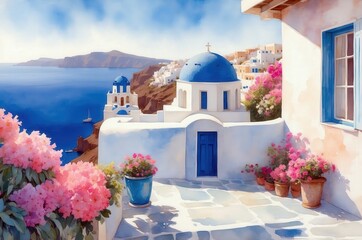 Obraz premium Mediterranean luxury beach hotel landscape painting illustration, travel theme concept texture design. 