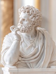 Naklejka premium A detailed marble bust of a thoughtful philosopher in a classical style, showcasing intricate features and draped clothing in a museum setting