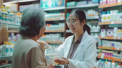 Asian woman guides elderly clients through medicine choices at local pharmacy - professional pharmacist brings medical health while female care transforms store