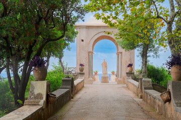 Ravello village park with ancient sculptures over sea, Amalfi coast of Italy