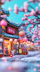 Fototapeta premium Miniature Spring Festival Town with Cherry Blossoms and Lanterns, Isometric View of a Traditional Chinese Street