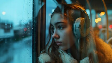 Young girl loses herself in music during rainy bus travel - teen passenger with headphones finds city peace while transport journey creates quiet moments
