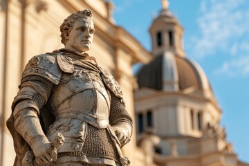 Fototapeta premium A majestic statue of a historical figure stands proudly in a courtyard under a clear sky near an impressive dome